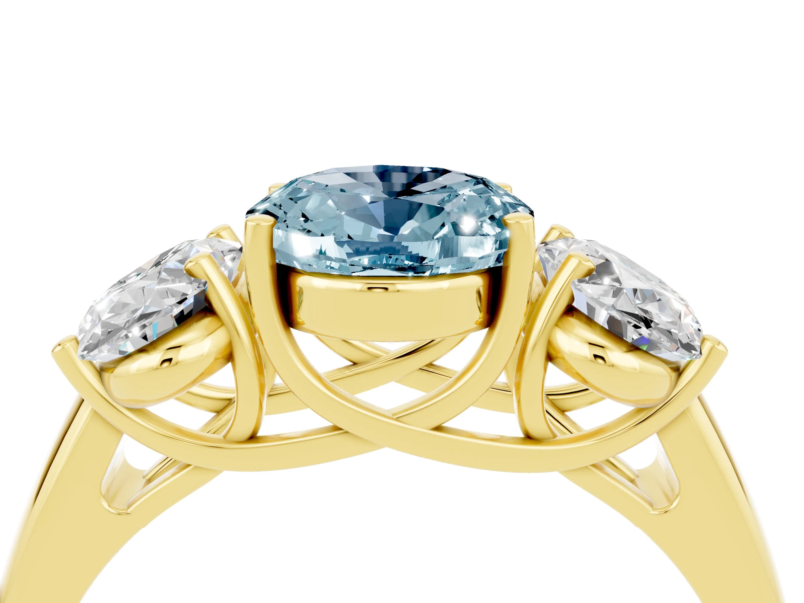 Yellow gold Three-Stone Oval Cut Aquamarine Engagement Ring with Prong Setting_4