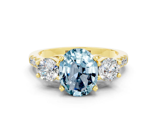Yellow gold Three-Stone Oval Cut Aquamarine Pavé Band with Four-Prong Setting