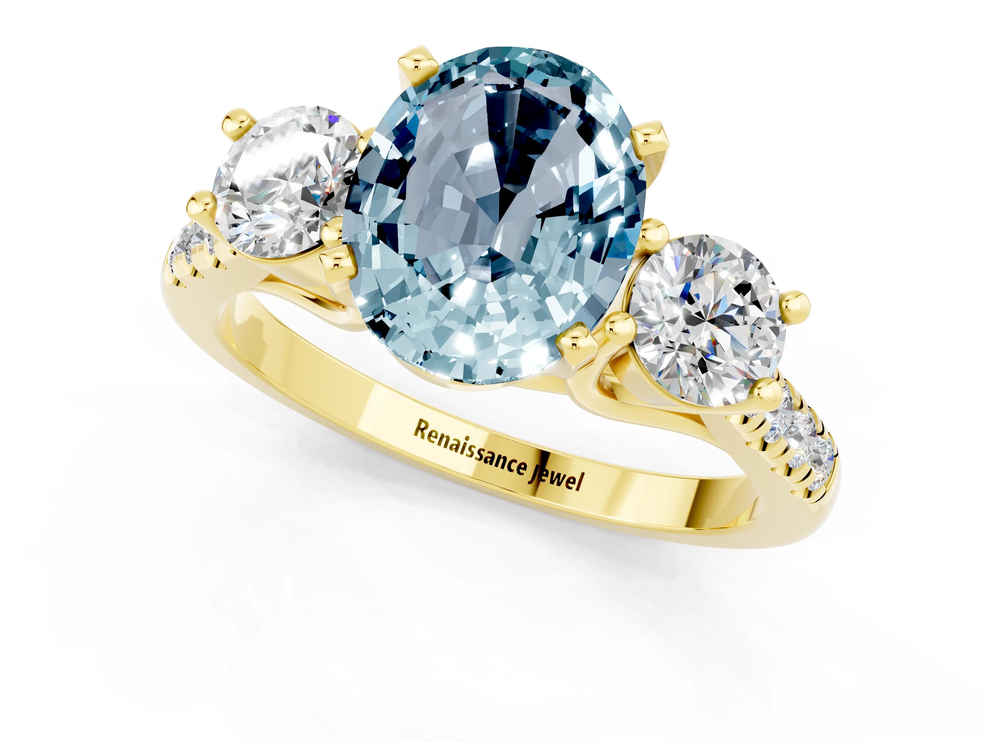 Yellow gold Three-Stone Oval Cut Aquamarine Pavé Band with Four-Prong Setting_1