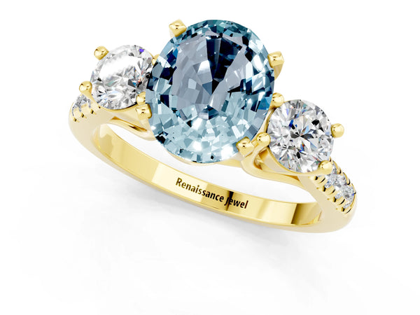 Yellow gold Three-Stone Oval Cut Aquamarine Pavé Band with Four-Prong Setting