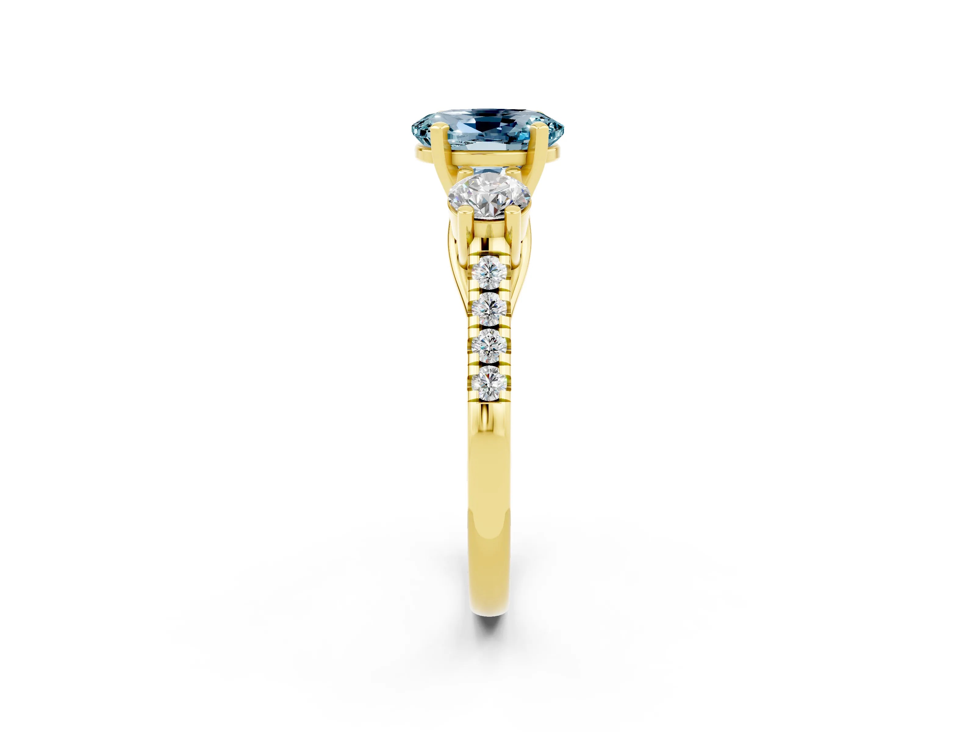Yellow gold Three-Stone Oval Cut Aquamarine Pavé Band with Four-Prong Setting_2