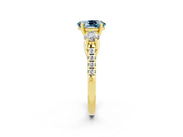 Yellow gold Three-Stone Oval Cut Aquamarine Pavé Band with Four-Prong Setting