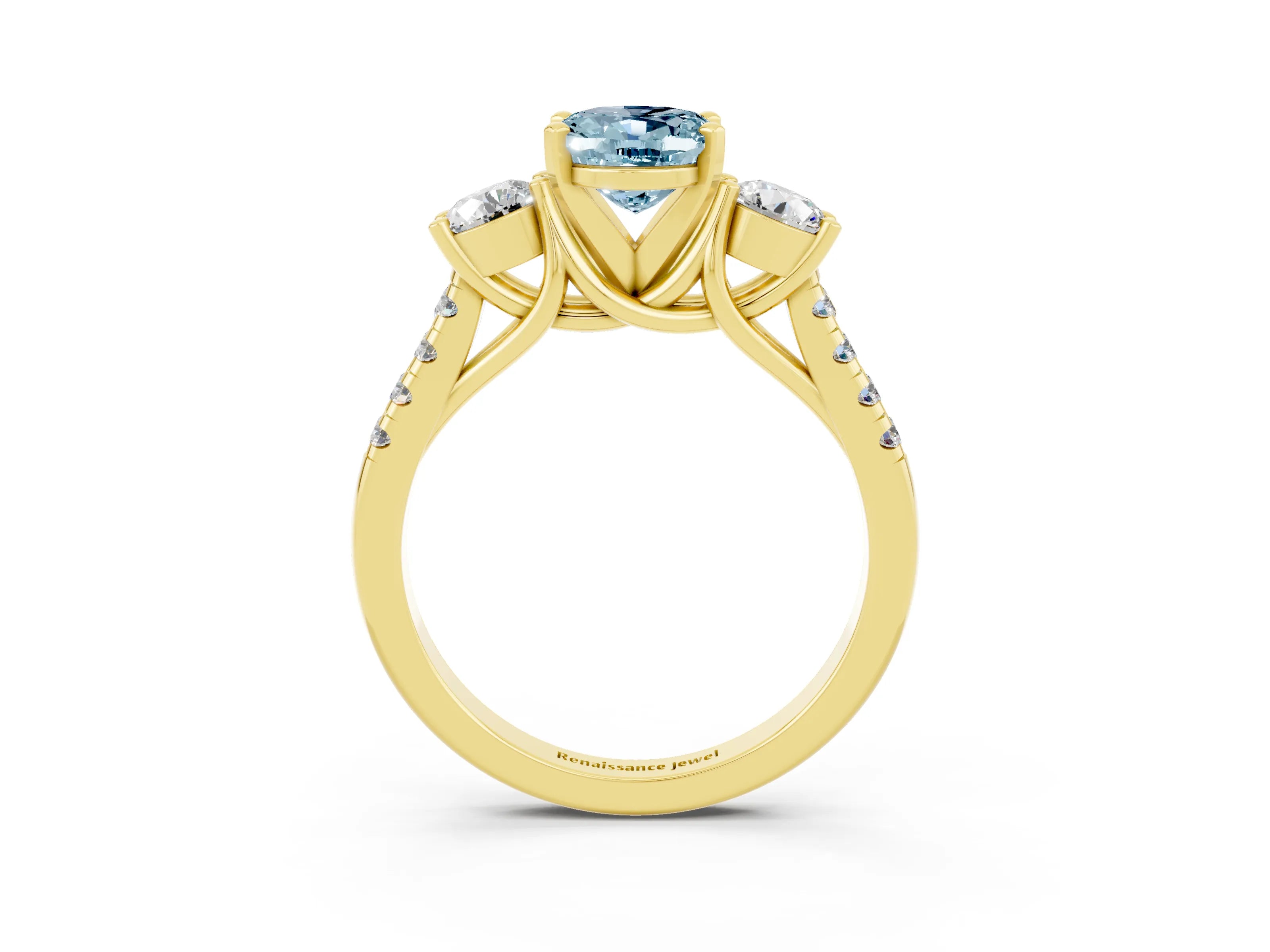 Yellow gold Three-Stone Oval Cut Aquamarine Pavé Band with Four-Prong Setting_3