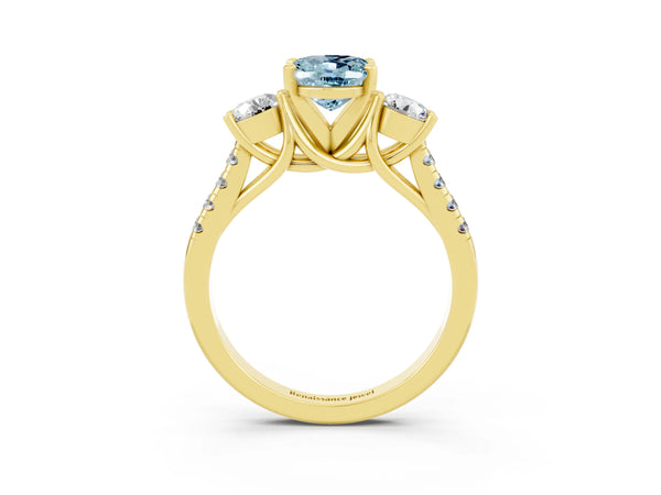 Yellow gold Three-Stone Oval Cut Aquamarine Pavé Band with Four-Prong Setting