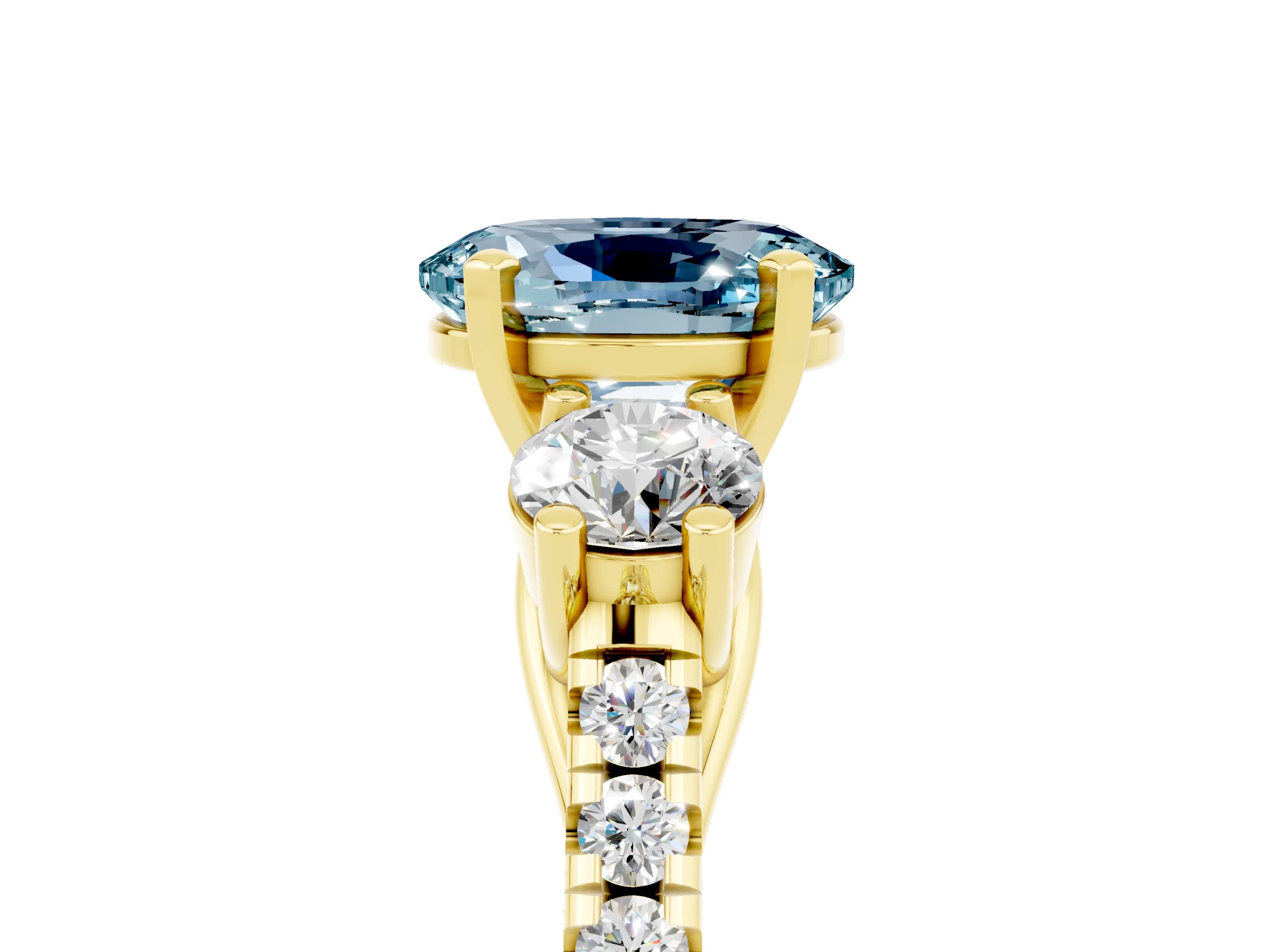 Yellow gold Three-Stone Oval Cut Aquamarine Pavé Band with Four-Prong Setting_5