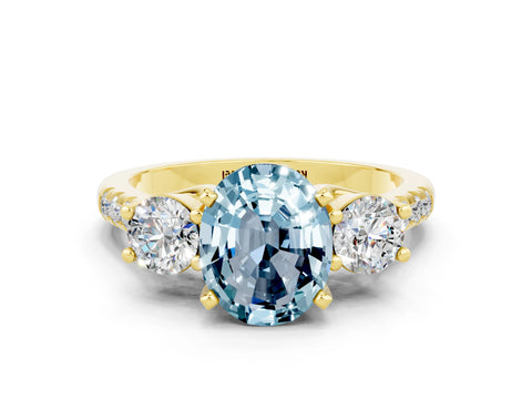 Yellow gold Three-Stone Oval Cut Aquamarine Pavé Band with Four-Prong Setting