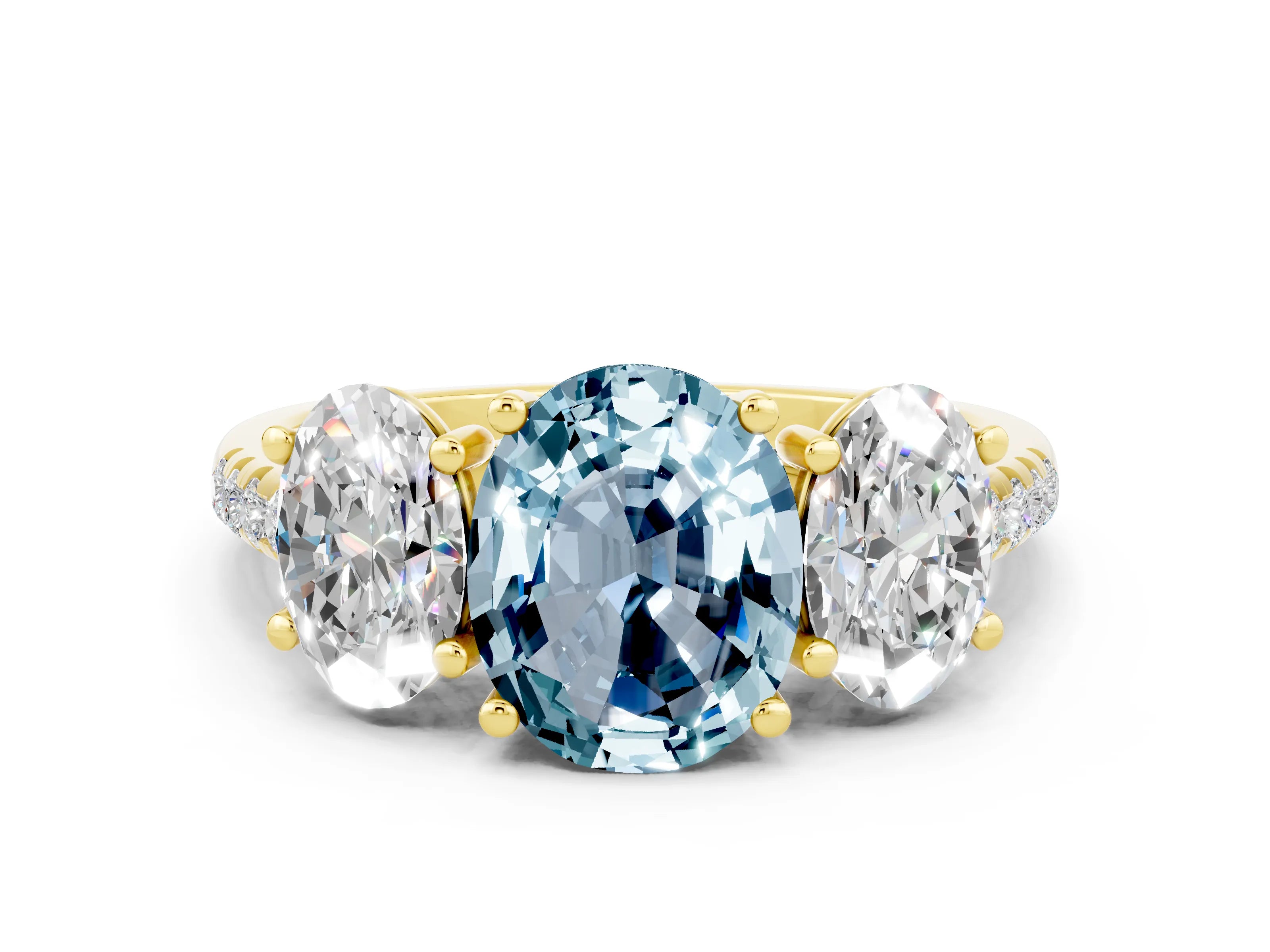 Yellow gold Three-Stone Oval Cut Aquamarine Ring with Pavé Band and Prong Setting_12