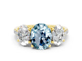 Yellow gold Three-Stone Oval Cut Aquamarine Ring with Pavé Band and Prong Setting_12