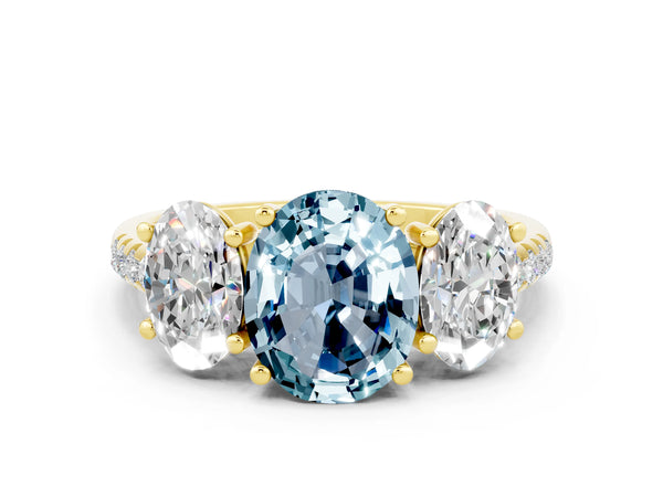 Yellow gold Three-Stone Oval Cut Aquamarine Ring with Round  Pavé Band and Prong Setting