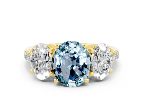 Yellow gold Three-Stone Oval Cut Aquamarine Ring with Pavé Band and Prong Setting_12