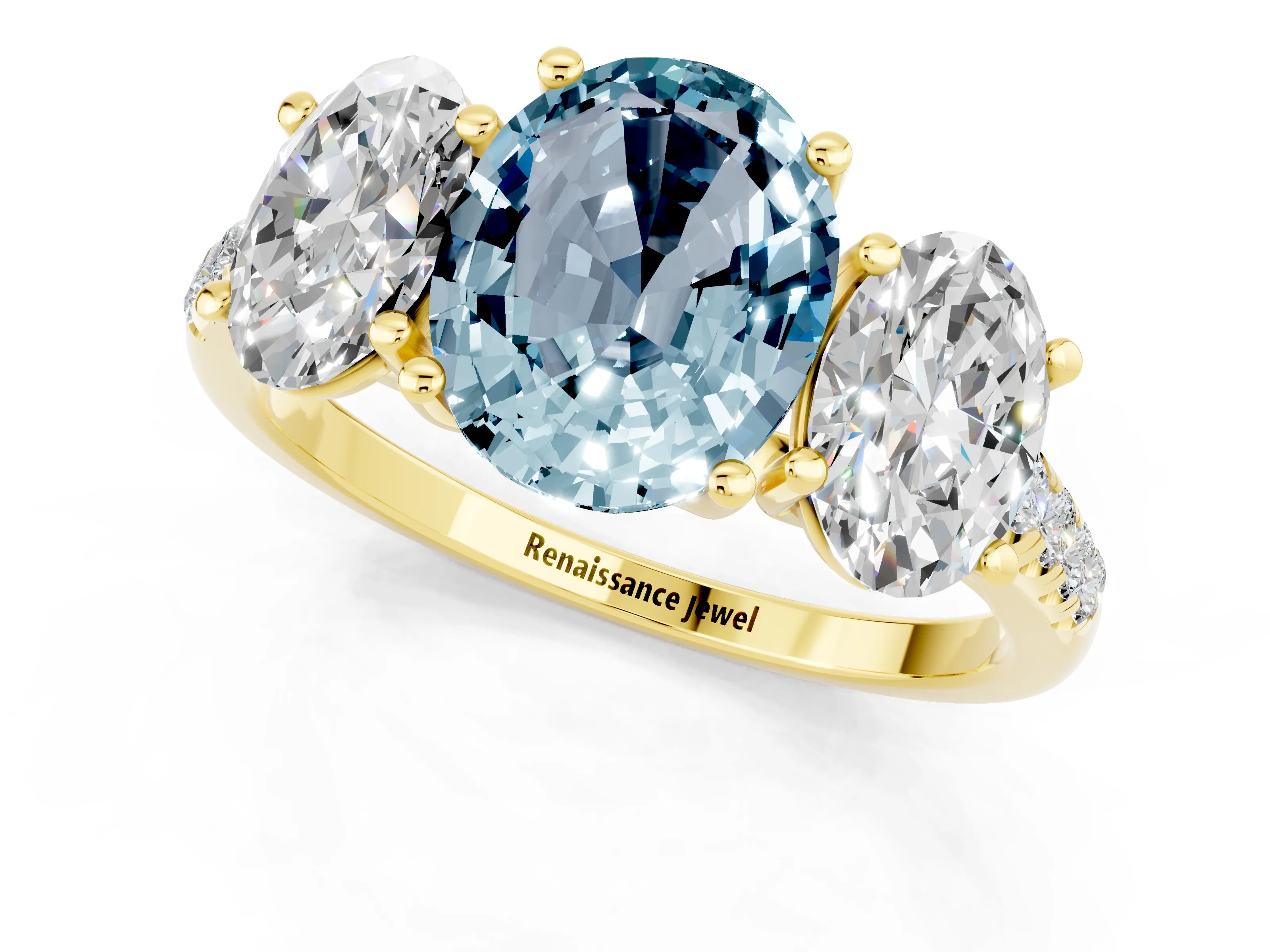 Yellow gold Three-Stone Oval Cut Aquamarine Ring with Pavé Band and Prong Setting_13