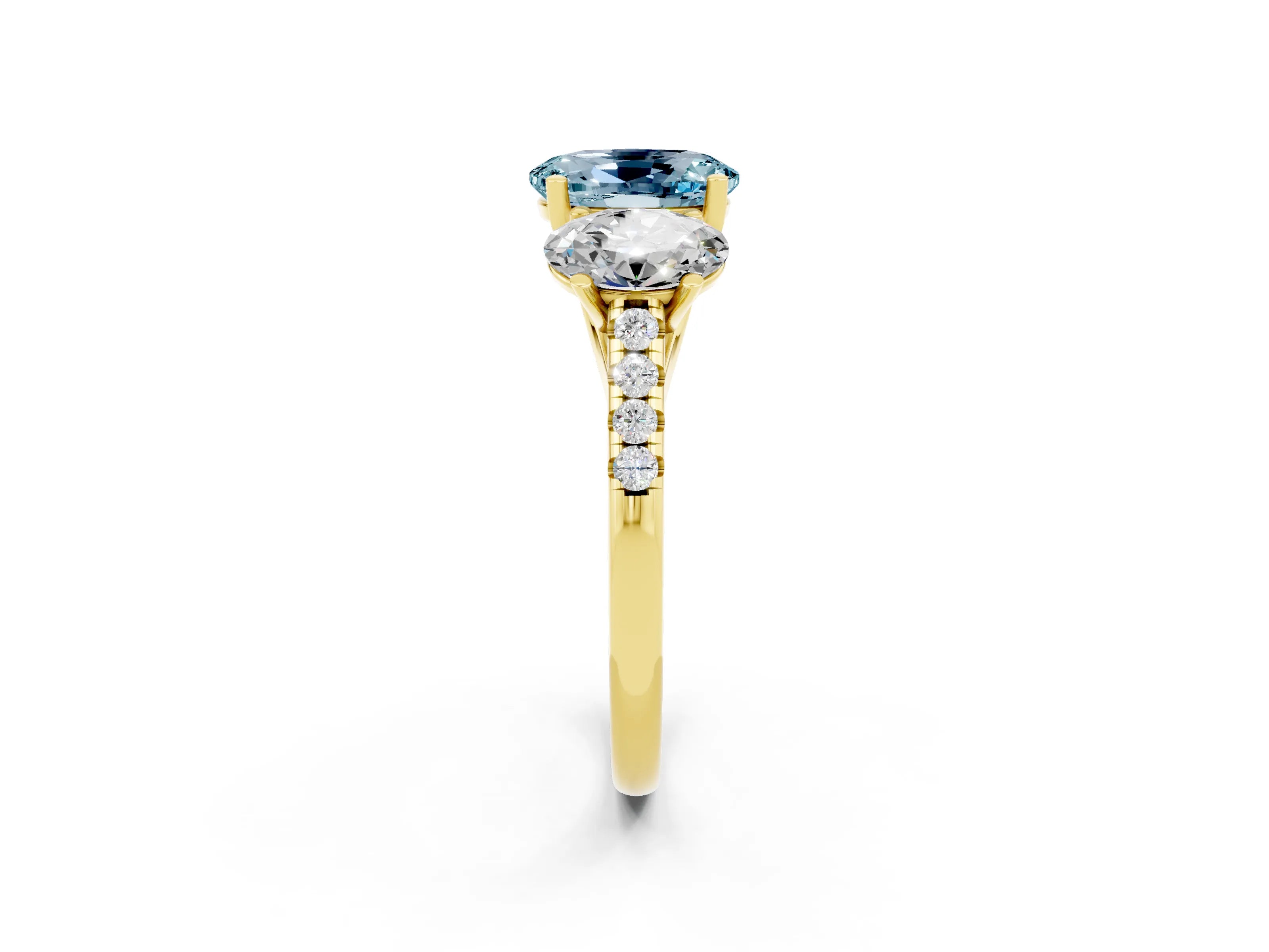 Yellow gold Three-Stone Oval Cut Aquamarine Ring with Pavé Band and Prong Setting_14
