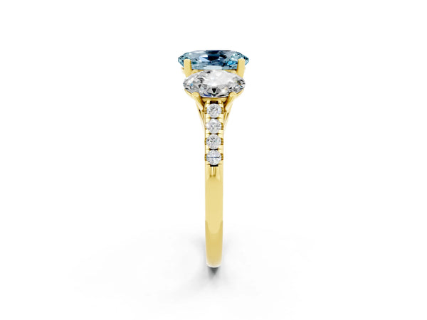 Yellow gold Three-Stone Oval Cut Aquamarine Ring with Round  Pavé Band and Prong Setting