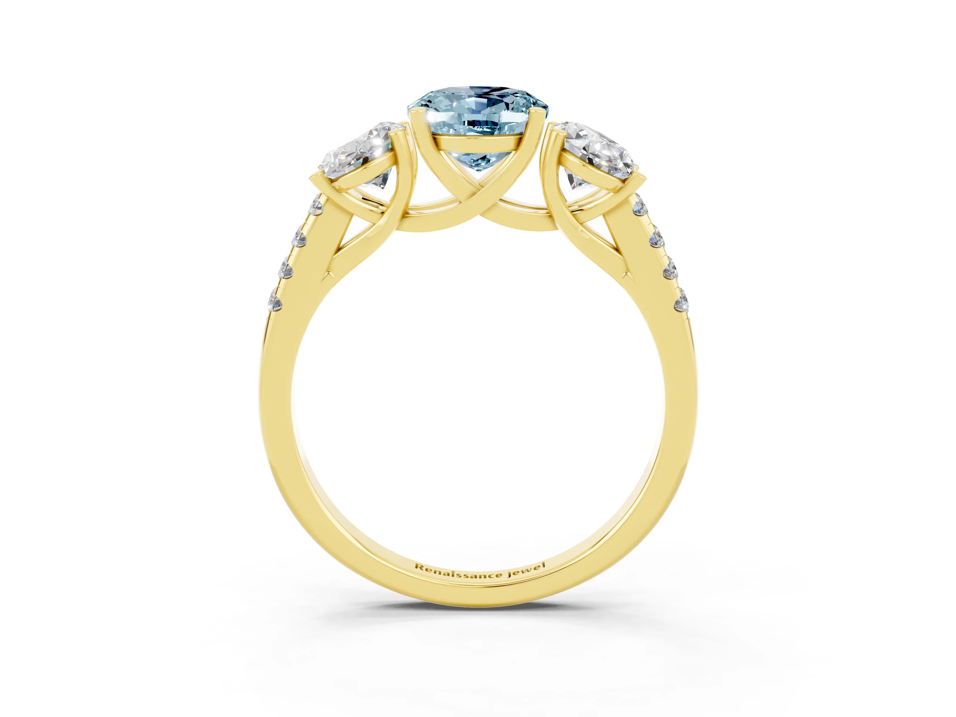 Yellow gold Three-Stone Oval Cut Aquamarine Ring with Pavé Band and Prong Setting_15