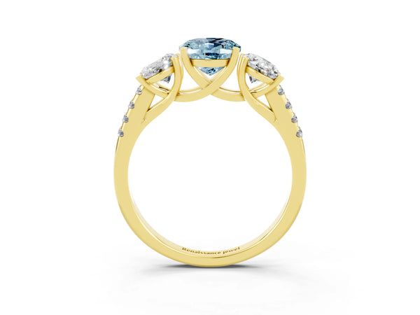 Yellow gold Three-Stone Oval Cut Aquamarine Ring with Round  Pavé Band and Prong Setting