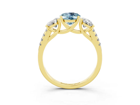 Yellow gold Three-Stone Oval Cut Aquamarine Ring with Pavé Band and Prong Setting_15