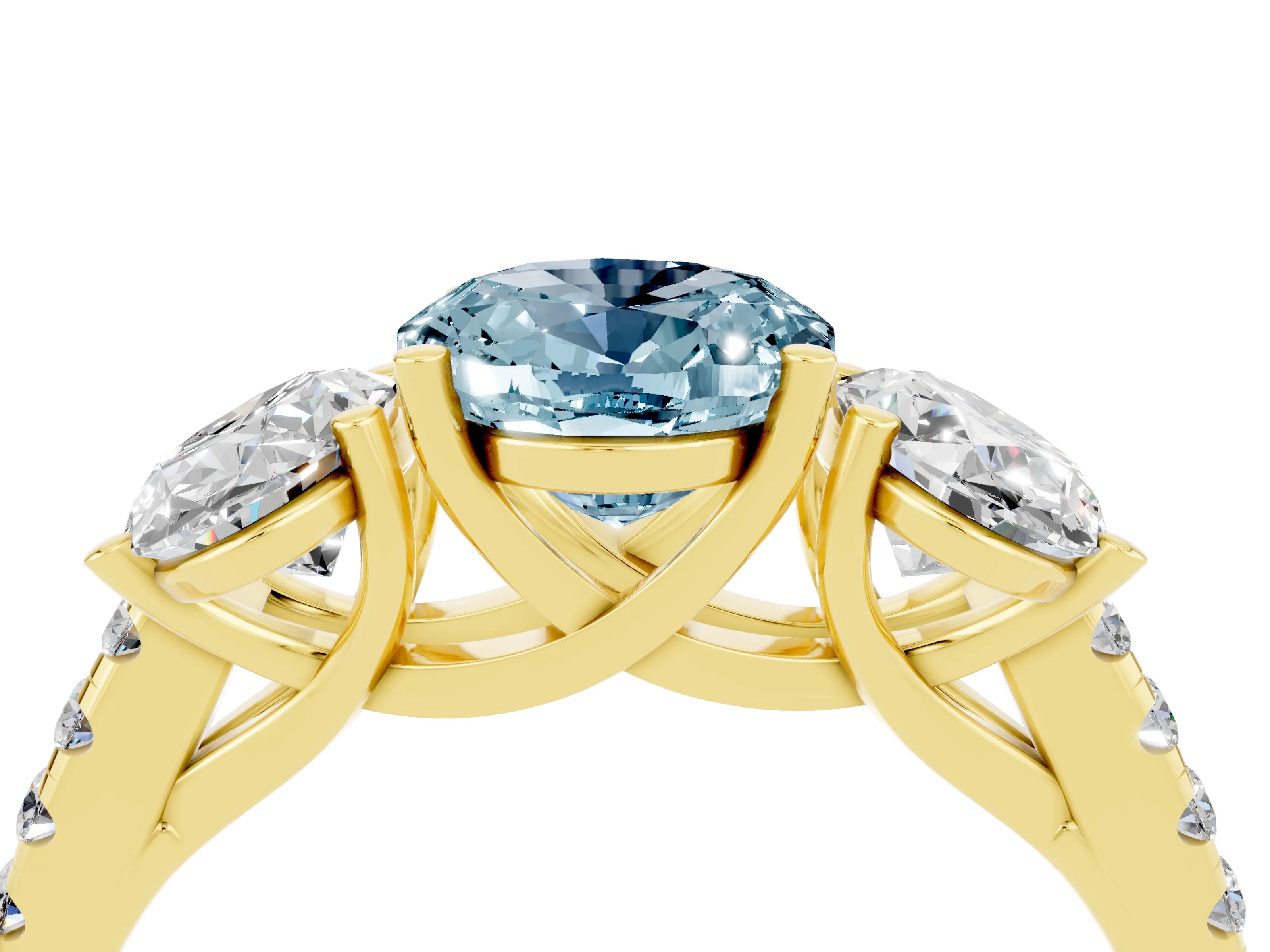 Yellow gold Three-Stone Oval Cut Aquamarine Ring with Pavé Band and Prong Setting_16