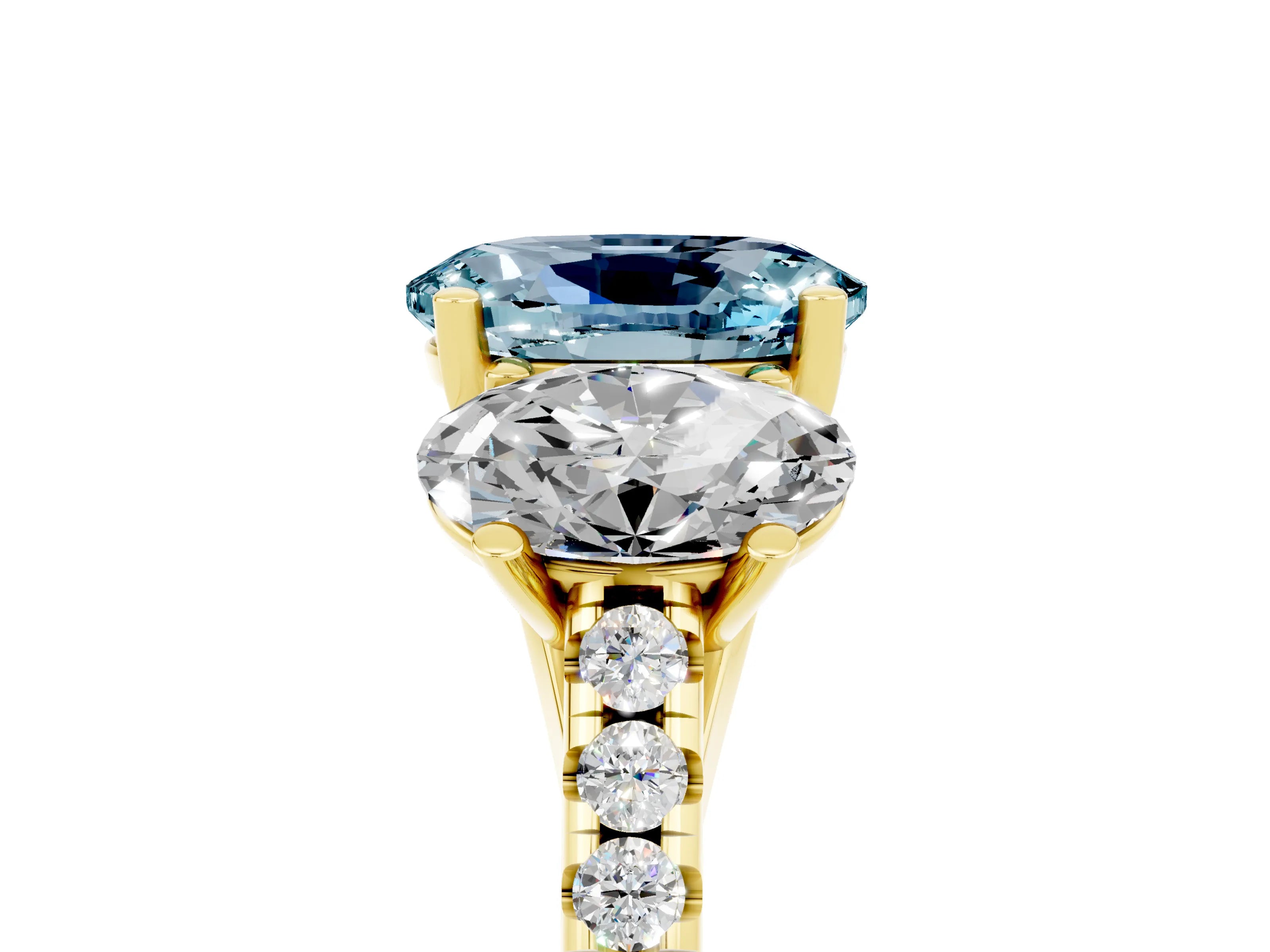 Yellow gold Three-Stone Oval Cut Aquamarine Ring with Pavé Band and Prong Setting_17