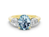Yellow gold Three-Stone Oval Cut Aquamarine Ring with Pear Side Stones and Four-Prong Setting