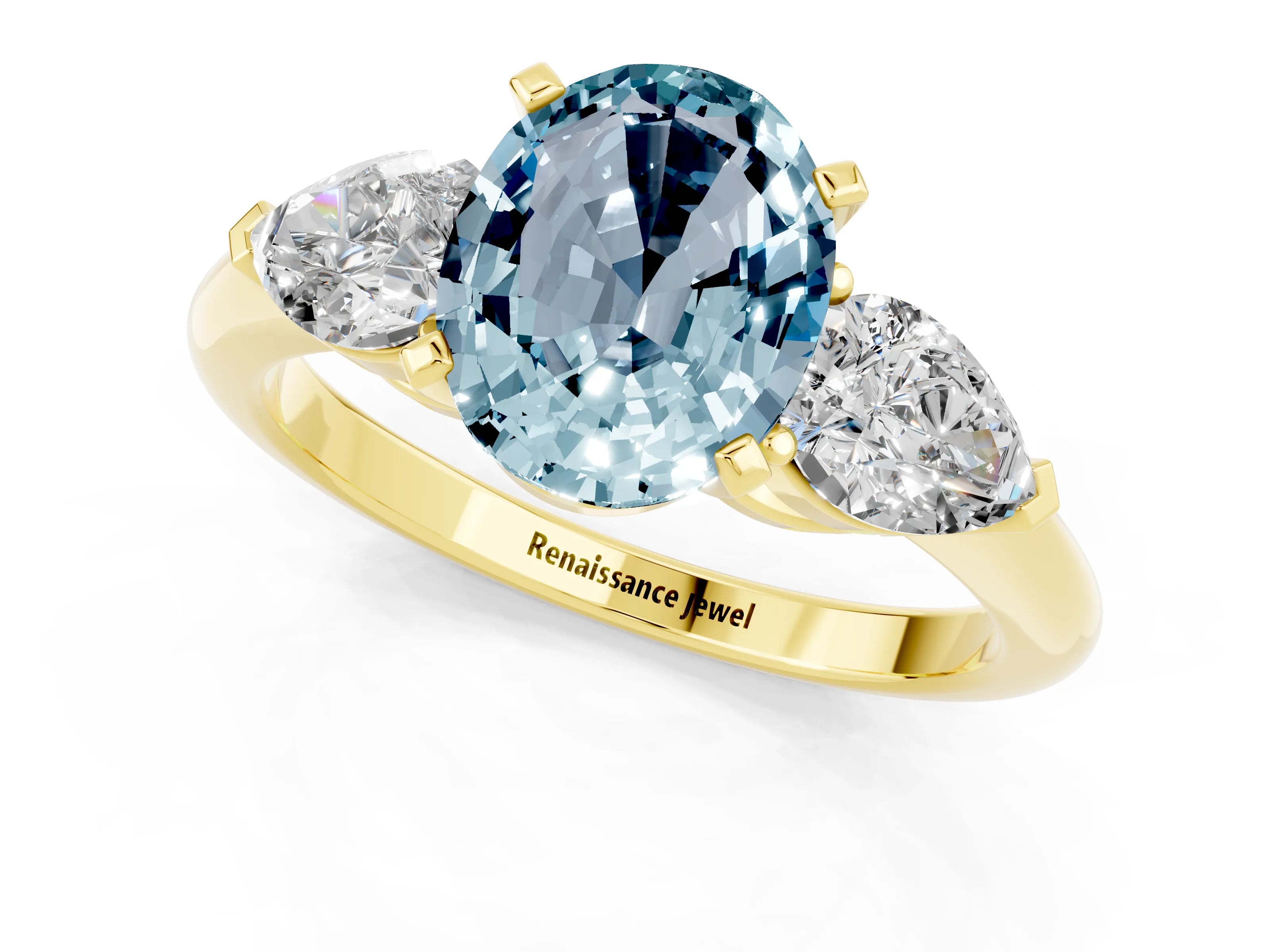 Yellow gold Three-Stone Oval Cut Aquamarine Ring with Pear Side Stones and Four-Prong Setting_1