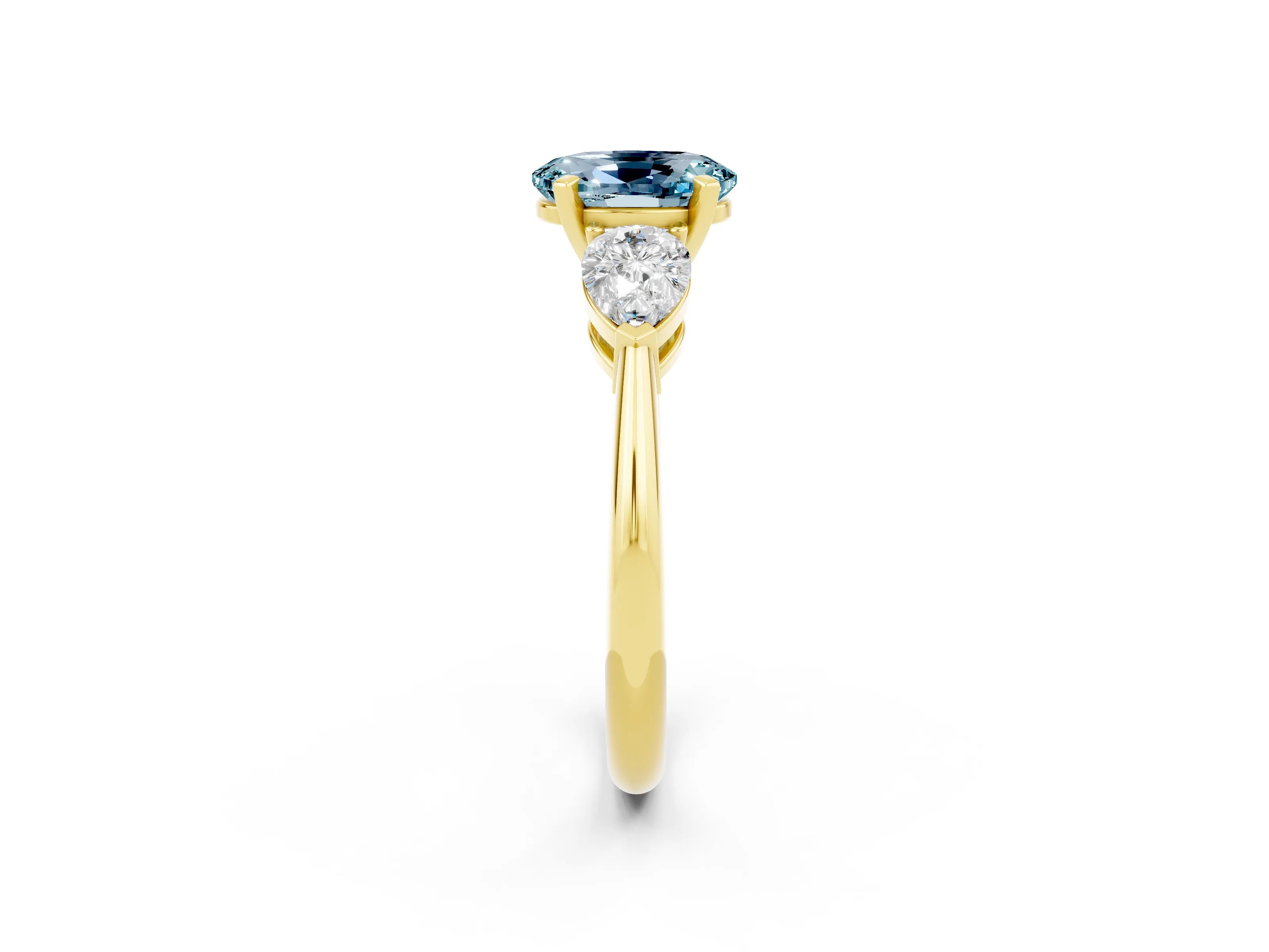 Yellow gold Three-Stone Oval Cut Aquamarine Ring with Pear Side Stones and Four-Prong Setting_2