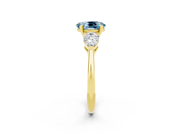 Yellow gold Three-Stone Oval Cut Aquamarine Ring with Pear Side Stones and Four-Prong Setting