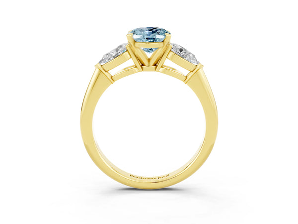 Yellow gold Three-Stone Oval Cut Aquamarine Ring with Pear Side Stones and Four-Prong Setting