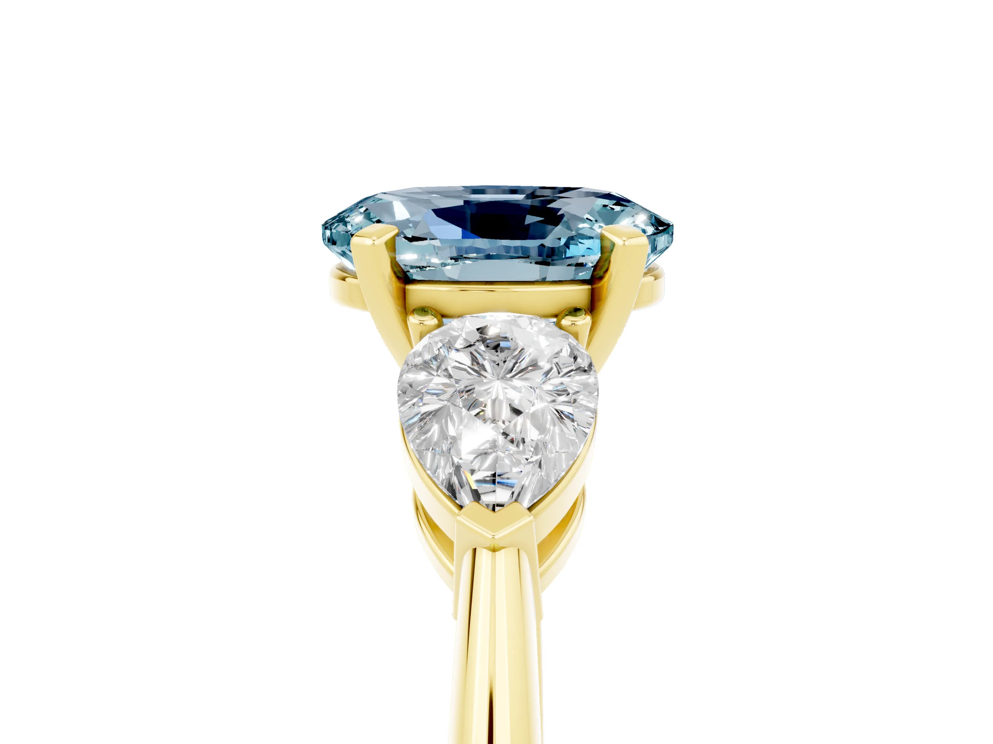 Yellow gold Three-Stone Oval Cut Aquamarine Ring with Pear Side Stones and Four-Prong Setting_5