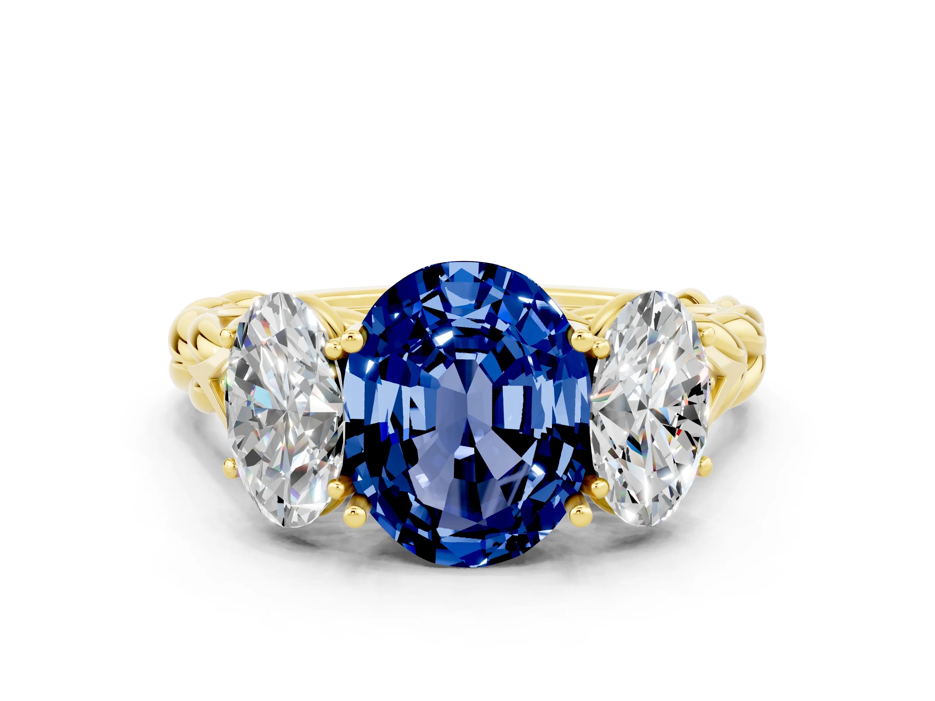 Yellow gold Three-Stone Oval Cut Blue Sapphire Braided Band Ring with Four-Prong Setting_12