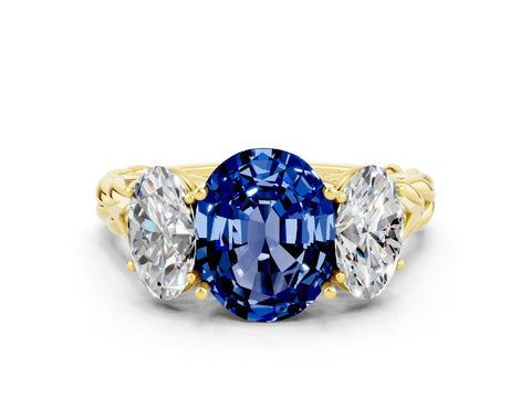 Yellow gold Three-Stone Oval Cut Blue Sapphire Braided Band Ring with Four-Prong Setting_12