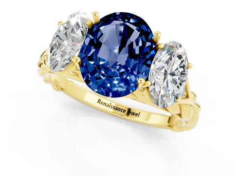 Yellow gold Three-Stone Oval Cut Blue Sapphire Braided Band Ring with Four-Prong Setting_13