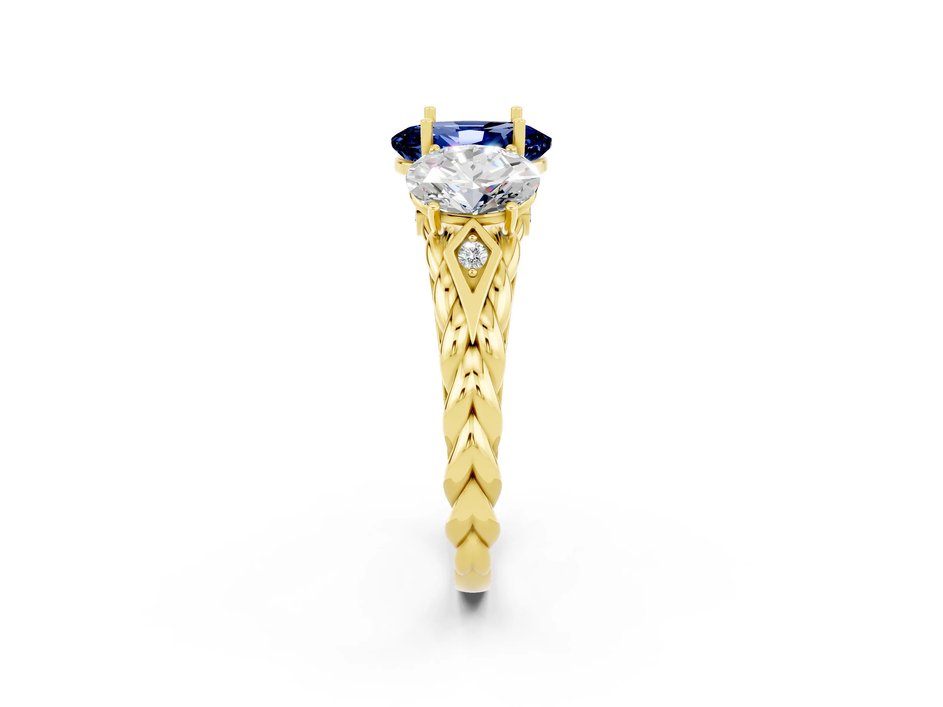 Yellow gold Three-Stone Oval Cut Blue Sapphire Braided Band Ring with Four-Prong Setting_14