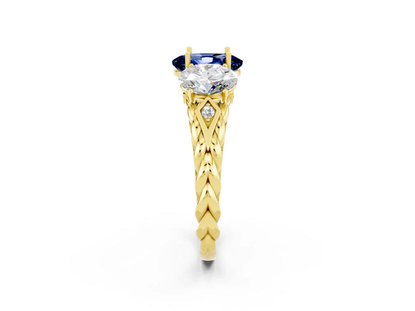 Yellow gold Three-Stone Oval Cut Blue Sapphire Braided Band Ring with Four-Prong Setting