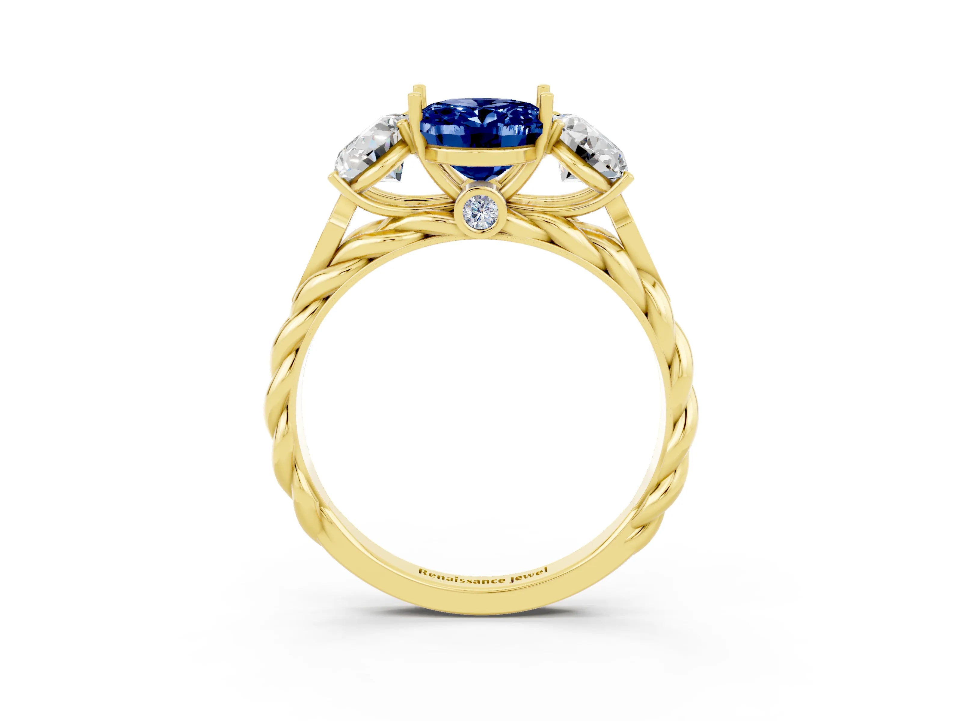 Yellow gold Three-Stone Oval Cut Blue Sapphire Braided Band Ring with Four-Prong Setting_15