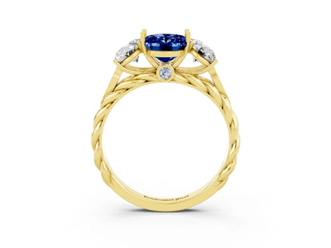Yellow gold Three-Stone Oval Cut Blue Sapphire Braided Band Ring with Four-Prong Setting_15