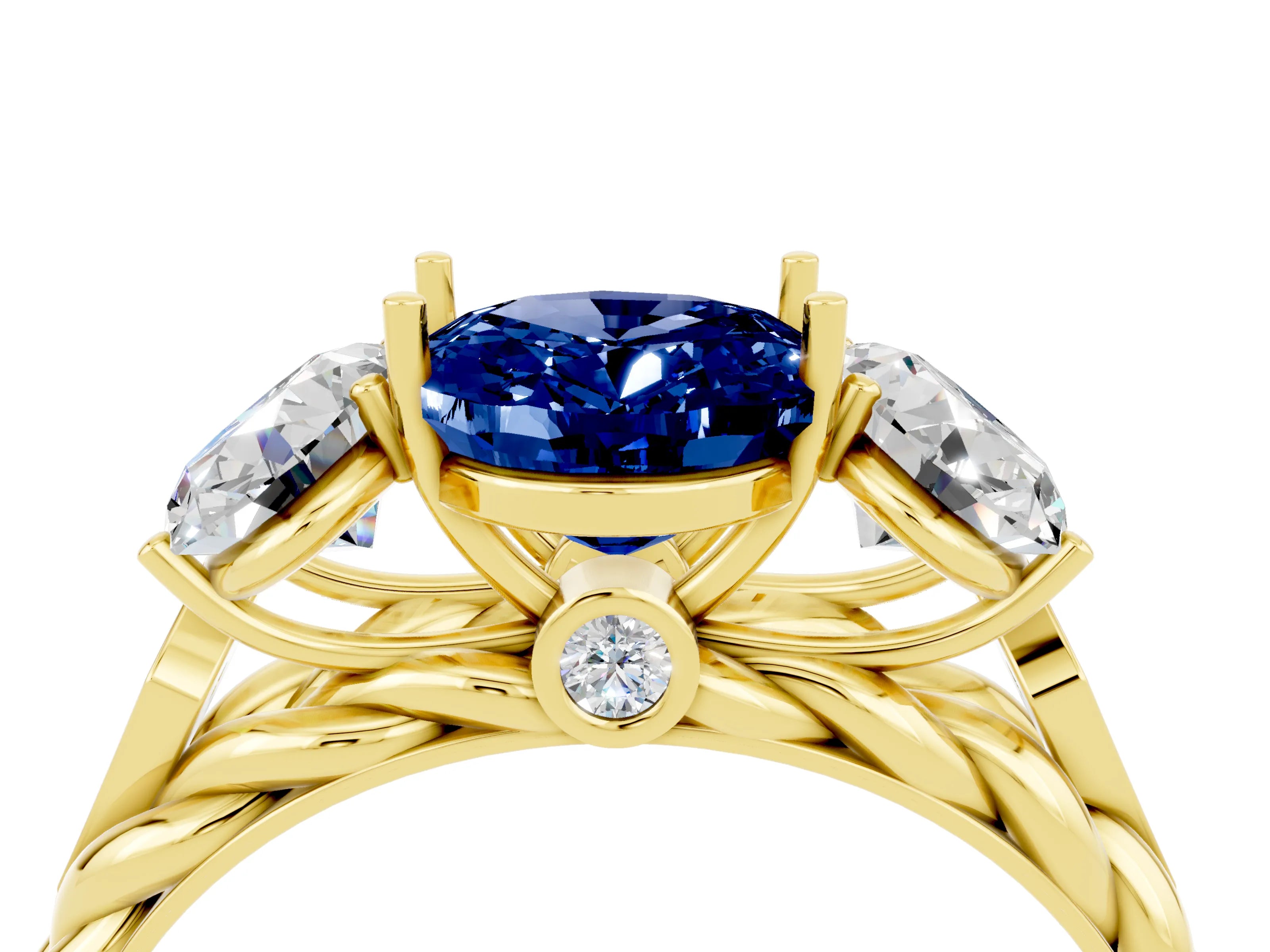 Yellow gold Three-Stone Oval Cut Blue Sapphire Braided Band Ring with Four-Prong Setting_16