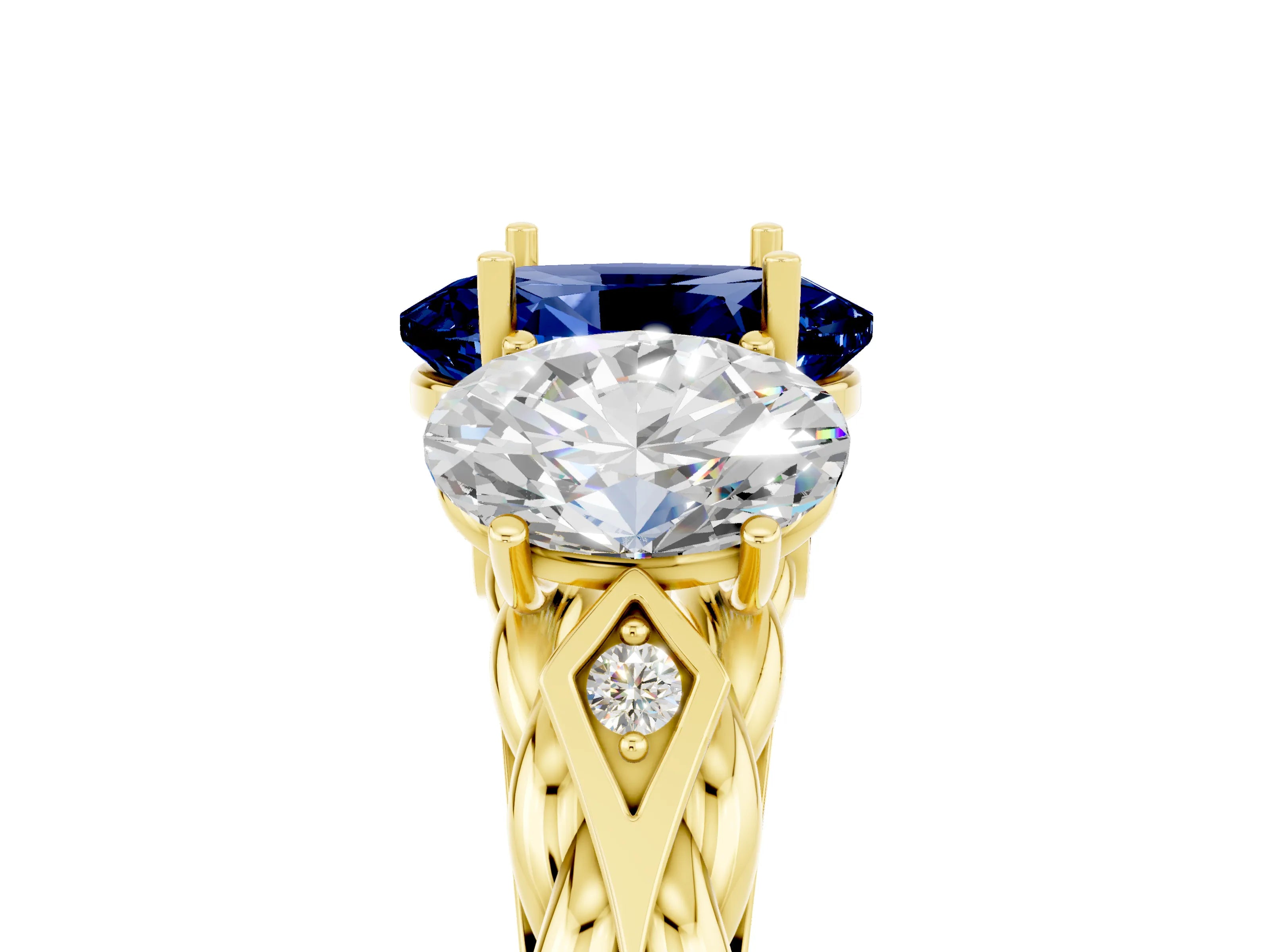 Yellow gold Three-Stone Oval Cut Blue Sapphire Braided Band Ring with Four-Prong Setting_17