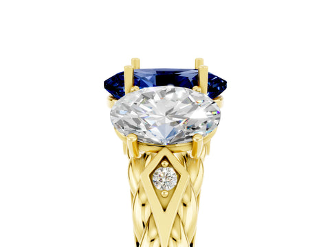 Yellow gold Three-Stone Oval Cut Blue Sapphire Braided Band Ring with Four-Prong Setting_17