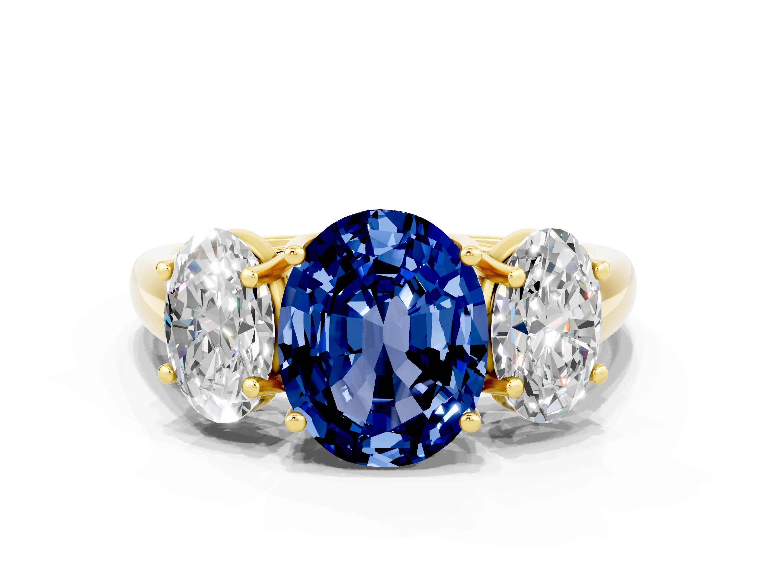 Yellow gold Three-Stone Oval Cut Blue Sapphire Engagement Ring with Prong Setting