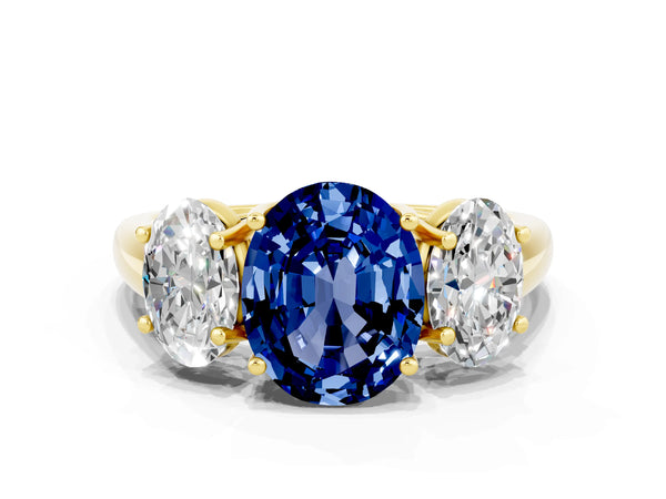 Yellow gold Three-Stone Oval Cut Blue Sapphire Engagement Ring with Prong Setting