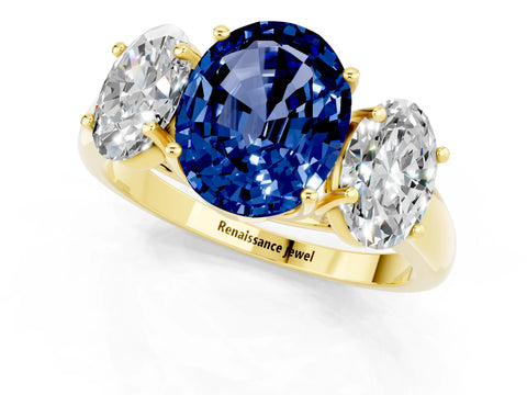 Yellow gold Three-Stone Oval Cut Blue Sapphire Engagement Ring with Prong Setting_1