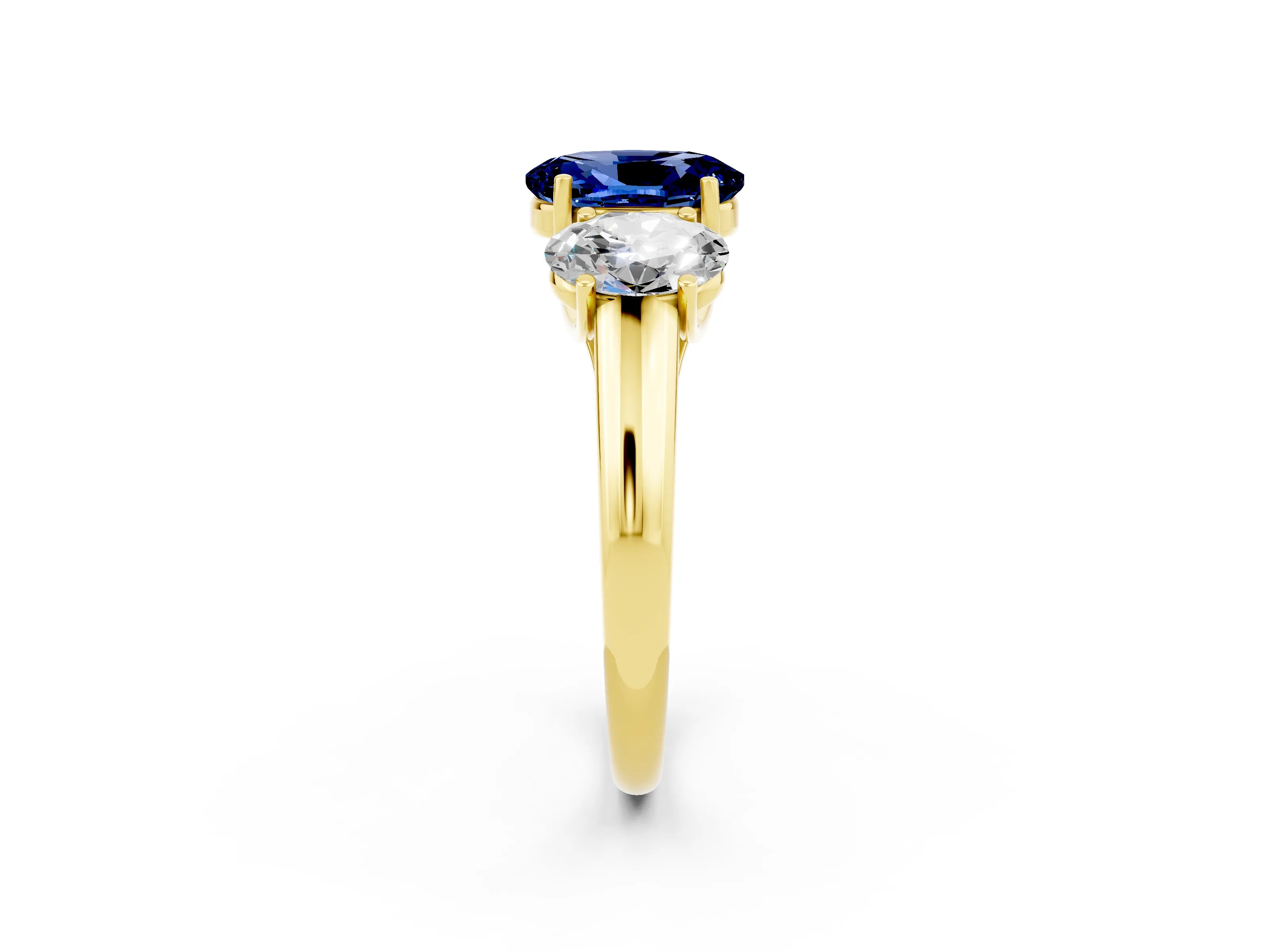 Yellow gold Three-Stone Oval Cut Blue Sapphire Engagement Ring with Prong Setting_2