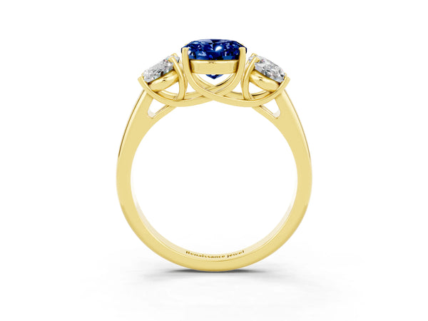 Yellow gold Three-Stone Oval Cut Blue Sapphire Engagement Ring with Prong Setting