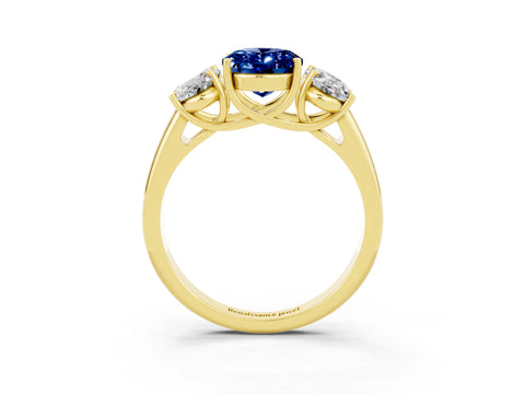 Yellow gold Three-Stone Oval Cut Blue Sapphire Engagement Ring with Prong Setting_3