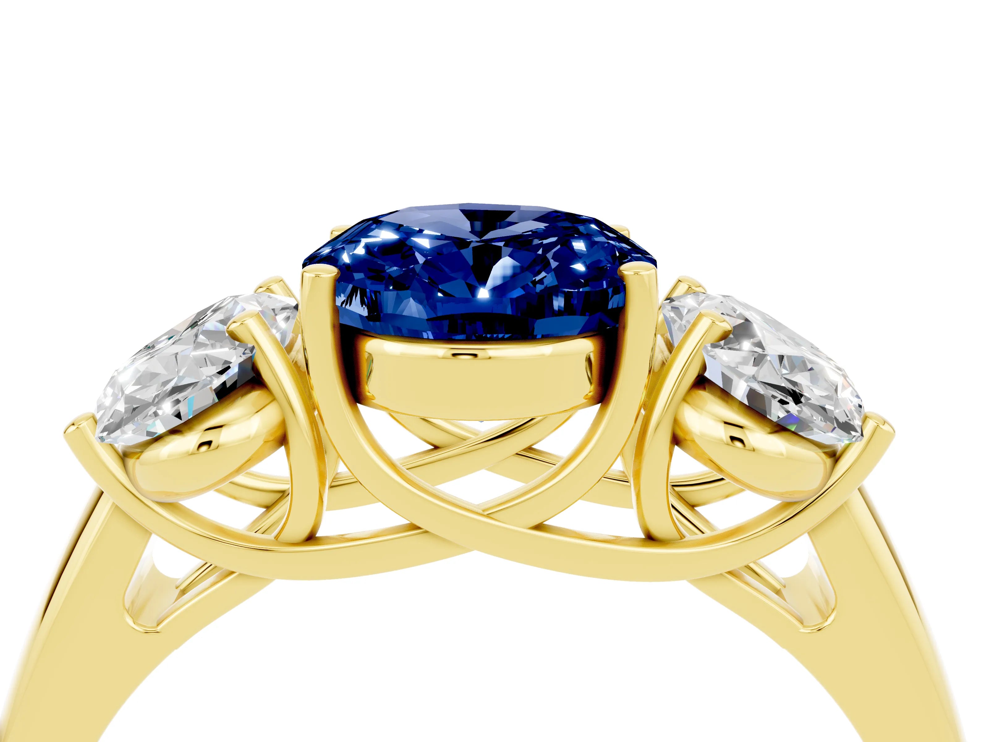 Yellow gold Three-Stone Oval Cut Blue Sapphire Engagement Ring with Prong Setting_4
