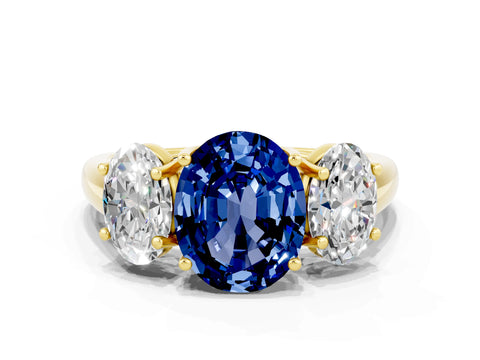 Yellow gold Three-Stone Oval Cut Blue Sapphire Engagement Ring with Prong Setting