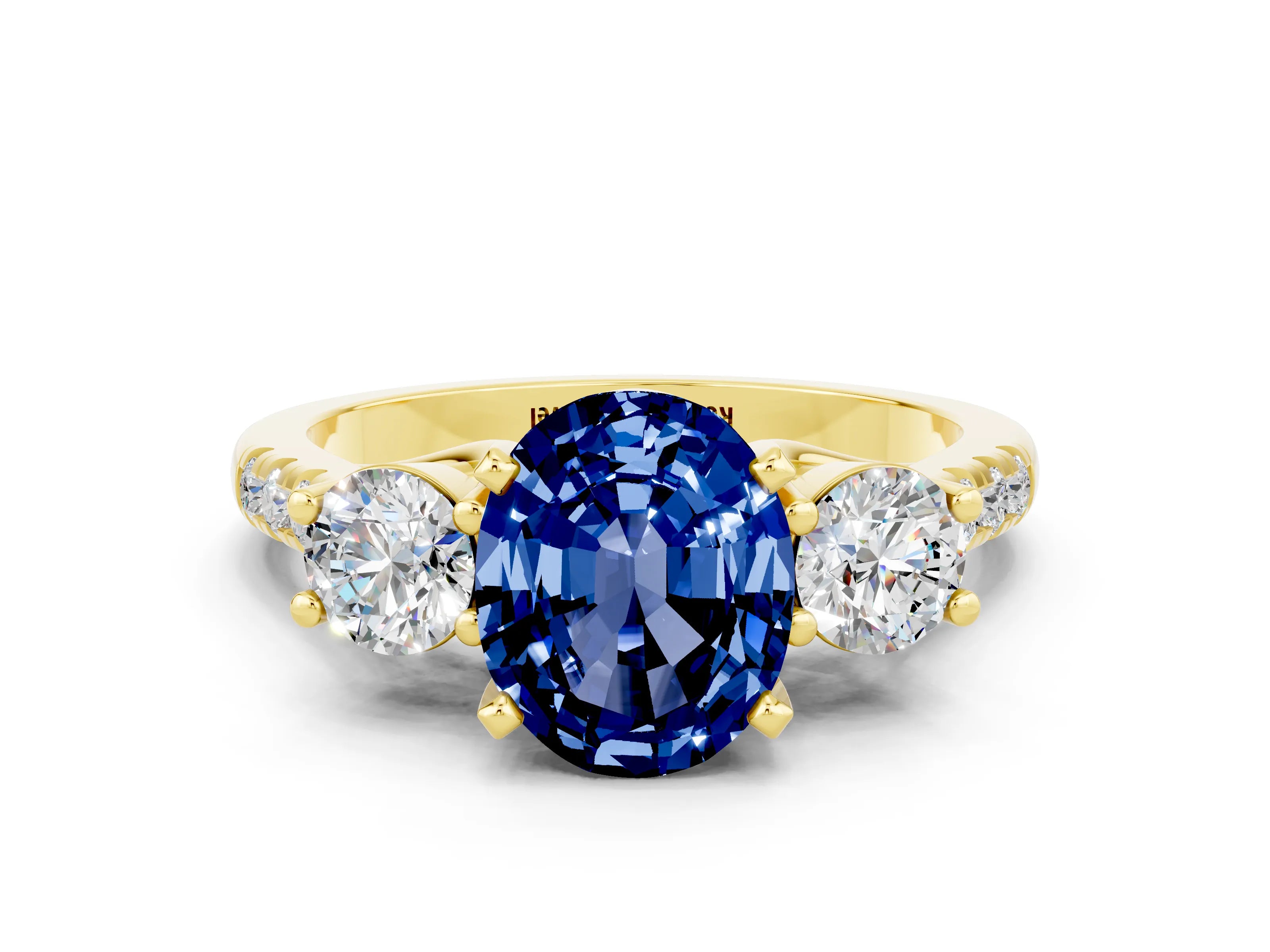 Yellow gold Three-Stone Oval Cut Blue Sapphire Pavé Band with Four-Prong Setting