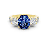 Yellow gold Three-Stone Oval Cut Blue Sapphire Pavé Band with Four-Prong Setting