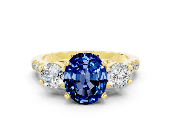 Yellow gold Three-Stone Oval Cut Blue Sapphire Pavé Band with Four-Prong Setting