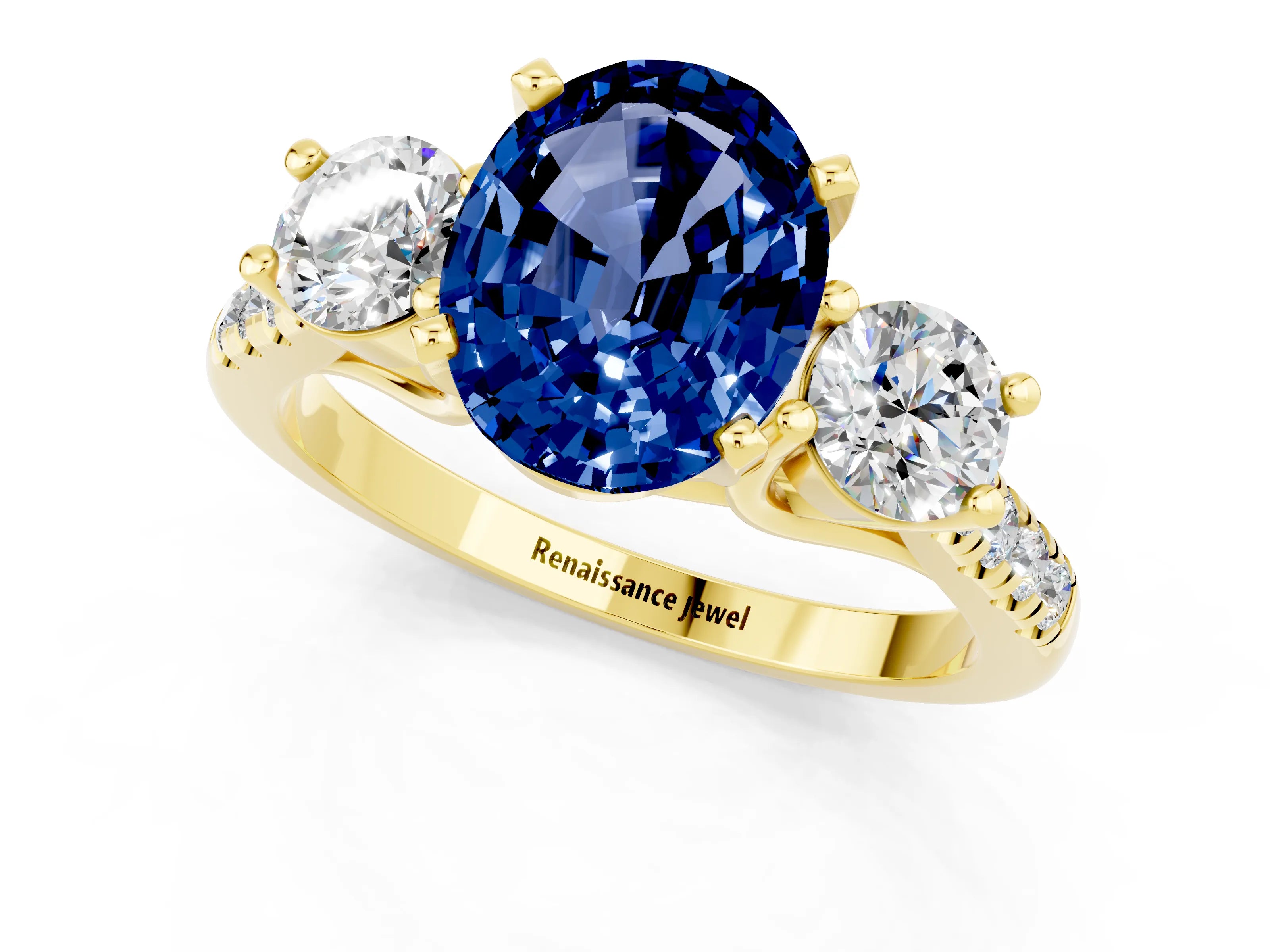 Yellow gold Three-Stone Oval Cut Blue Sapphire Pavé Band with Four-Prong Setting_1
